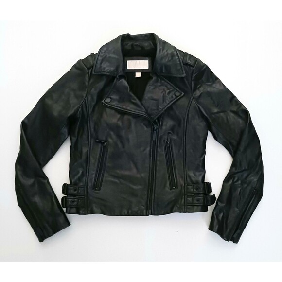 Michael Kors Blk Genuine Soft Leather Moto Biker Jacket Sz S Black Zippers - Picture 1 of 8